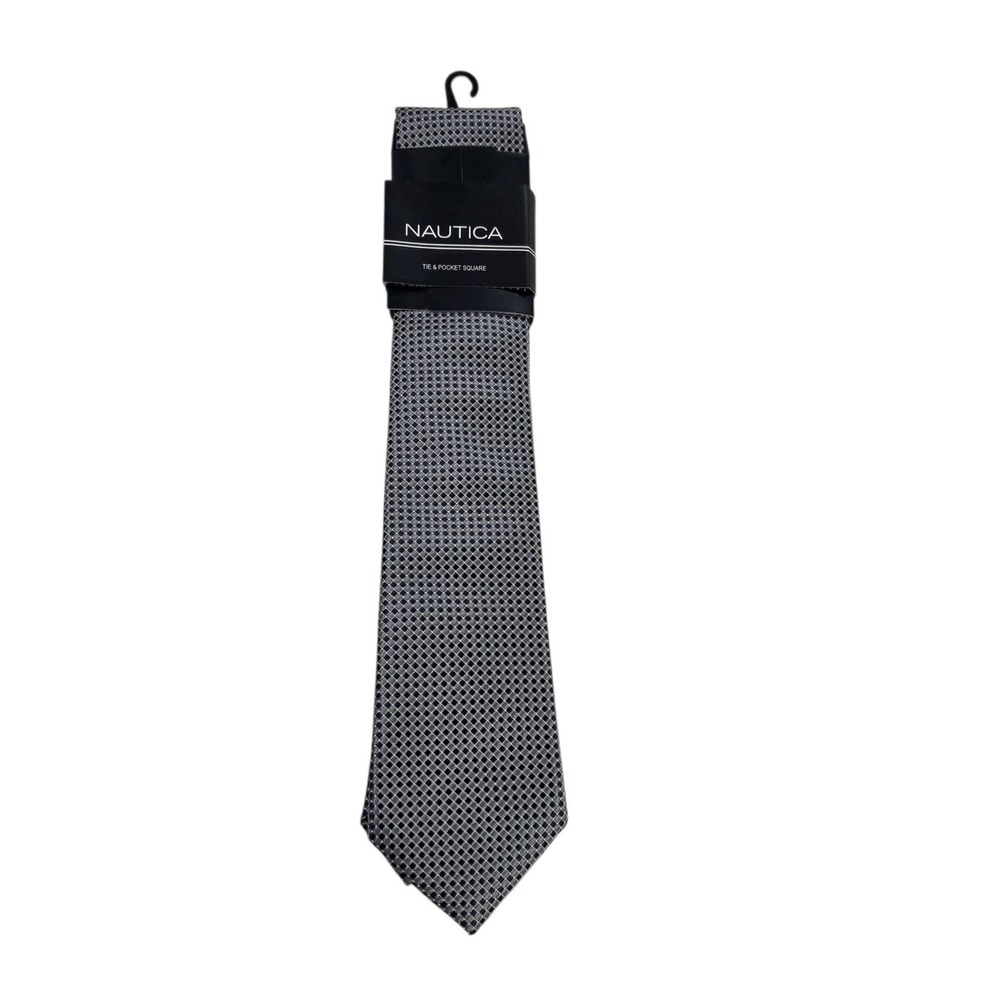 Nautica Classic Tie and Pocket Square Set‎ Micro Dot Pattern Blue Silver New